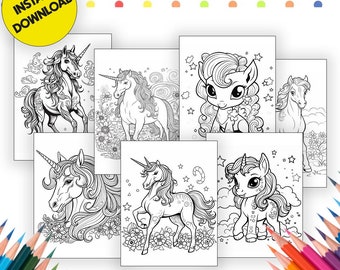 Unicorn Coloring Book Printables, Kids & Adults Fantasy Art (7 Pages) (Digital Download)