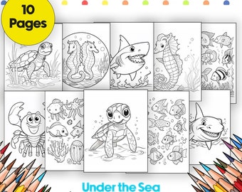 Under the Sea Coloring Book, 10 Printable Ocean Animal Pages (Digital Download)