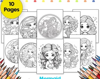Mermaid Coloring Book, Little Mermaid Inspired, 10 Pages (Digital Download)