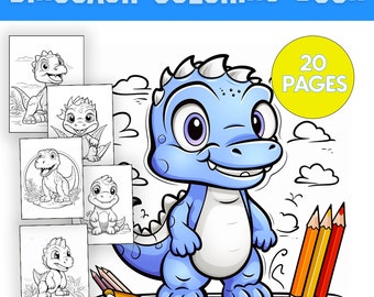 Dinosaur Coloring Book, 20 Cute Dino Pages (Digital Download)