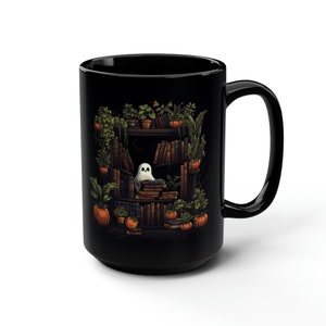 Ghost among the Books Black Mug, 15oz