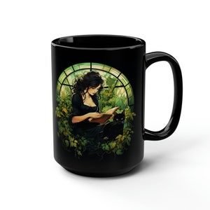 Green Witch and Black Cat Black Mug, 15oz