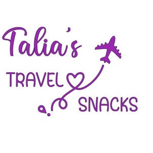 May include: Purple logo with the text "Talia's Travel Snacks" and a purple airplane with a heart-shaped trail.