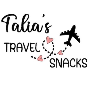 May include: A white graphic featuring the words "Talia's TRAVEL SNACKS". The design includes a black aeroplane silhouette, pink hearts, and a dotted line path, suggesting travel and treats.
