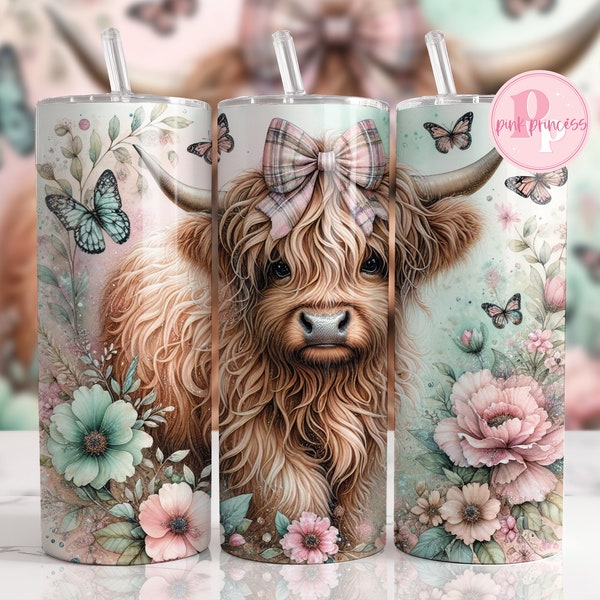 Highland cow 20oz Skinny Tumbler Sublimation Design Digital downloadable png 20 oz straight tumblerwrap png cow tumbler wrap floral tumbler