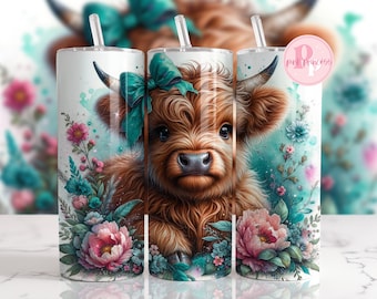 Seamless Highland Cow Tumbler Wrap, 20oz Skinny Sublimation Tumbler Design, Highland Cow Sublimation Design Png, Floral Tumbler Png Download