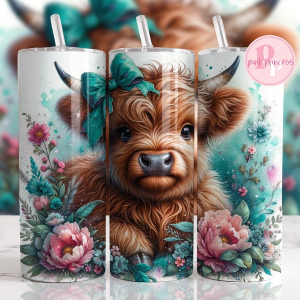 Envoltura de vaso de vaca de las tierras altas sin costuras, diseño de vaso de sublimación flaco de 20 oz, diseño de sublimación de vacas de las tierras altas png, vaso floral png Descargar