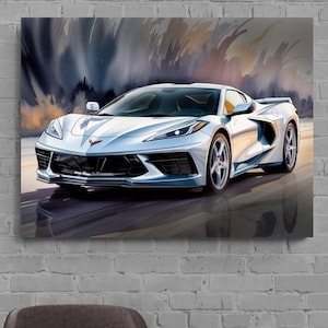 2025 C8 Corvette White #2 Canvas Wall Decor | Chevrolet Sports Car Print | Modern Auto Poster | Car Lover Gift | C8 Vette Car Gift for Man