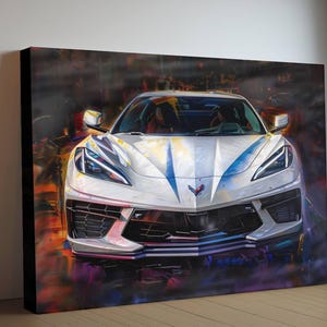 2025 C8 Corvette White Front View Canvas Wall Art | Chevrolet Sportscar Print | Modern Auto Poster | Car Lover Gift | C8 Vette Car Lover