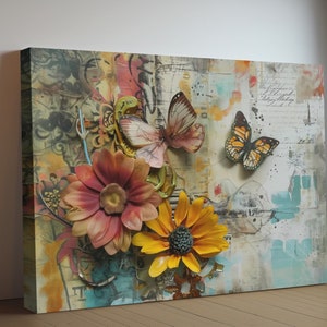 Botanical Whispers and Winged Wonders Canvas Print - Vibrant Floral and Butterfly Mixed Media Artwork for Home Décor