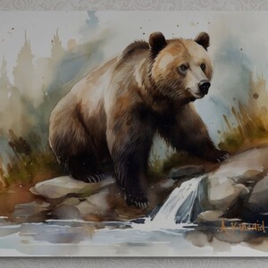 Grizzly Bear on River Bank | Brown Bear Watercolor Forest Series | Canvas Print | Wildlife Art | bear watercolor | Archer Kincaid