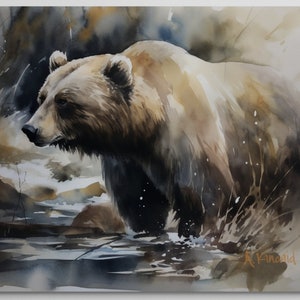 Grizzly Bear in Serene Stream | Brown Bear Watercolor Forest Series | Canvas Print | Wildlife Art | Cabin Art | Archer Kincaid