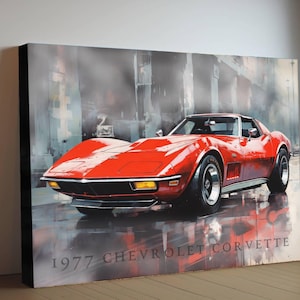1977 Chevrolet Corvette Canvas Print | Vintage Auto Wall Art Decor | Retro Sports Car | Car Lovers Poster Gift | C3 Red Vette Chevy, Mancave