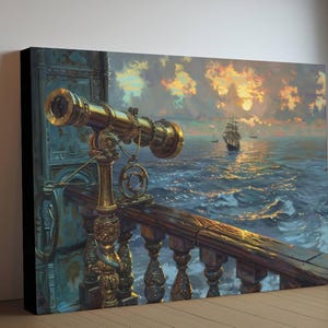 Brass Pirate Spyglass Telescope Canvas, Ornate Navigation Tool Print, Sunset Ocean View Wall Decor, Maritime Equipment Painting