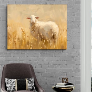 Serene Sheep Pastoral Landscape - Minimalist Farm Animal Artwork, Farm Art - Rustic Home Decor, Nature Inspired Canvas Print