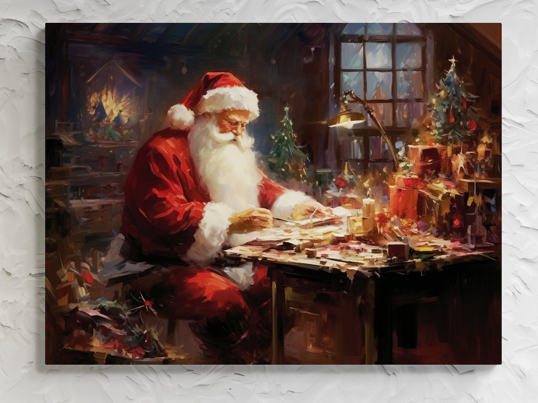 Vintage Santa Claus Canvas Print, Christmas Eve Planning Scene, Festive