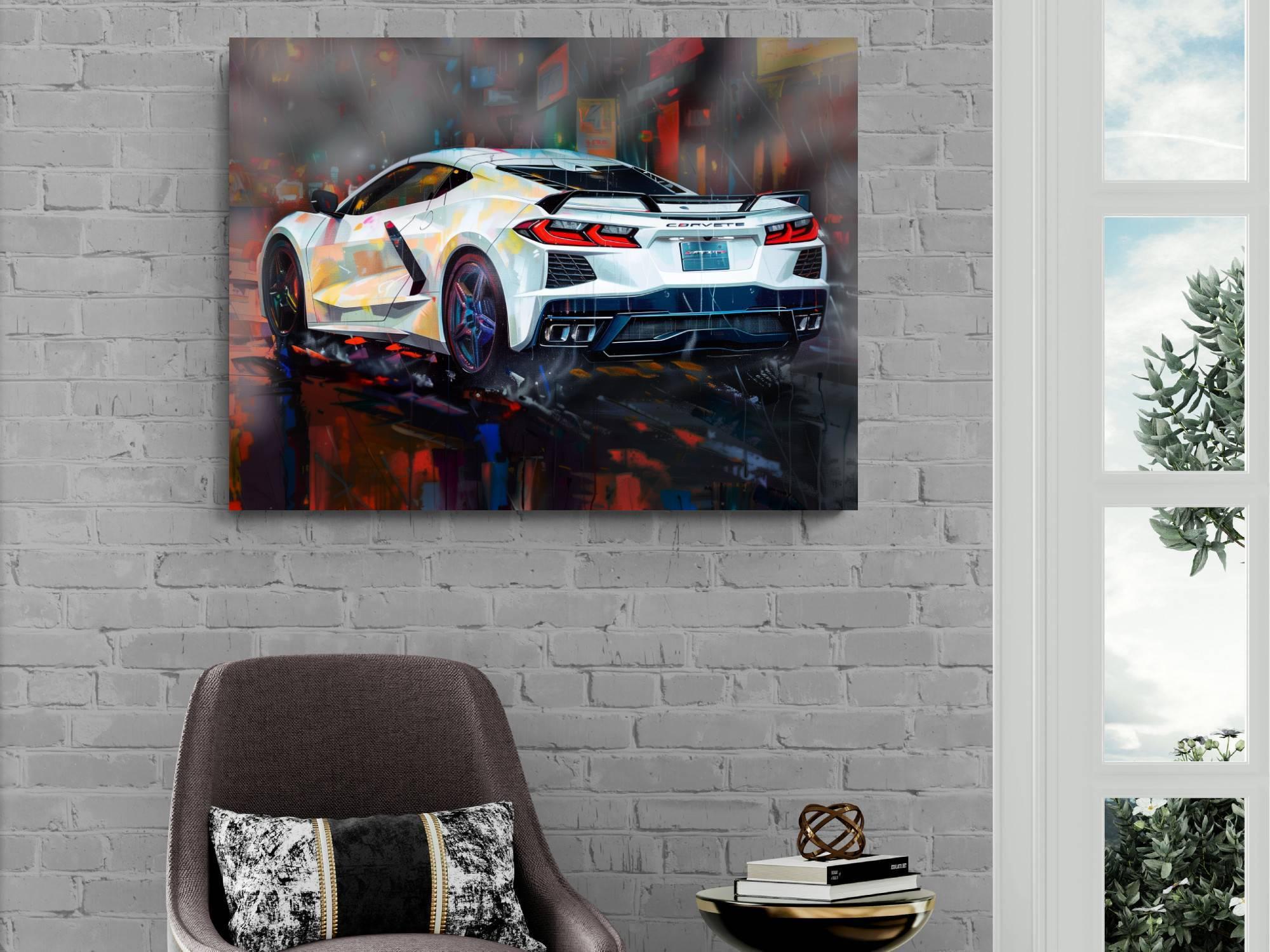 2025 C8 Corvette White Rear View Canvas or Print Wall Art Chevrolet Sportscar Modern Auto Poster Car Lover Gift C8 Vette Decor