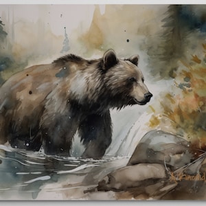 Grizzly Bear by Waterfall | Brown Bear Watercolor Forest Series | Canvas Print | Wildlife Art | Cabin Art | Archer Kincaid