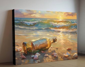 Message in Bottle Canvas, Pirate Beach Sunset Print, Romantic Ocean Wall Decor, Seashell Shore Oil Painting Style, Maritime Mystery