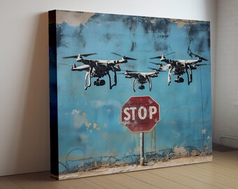 Stop Surveillance Drones Banksy Style Artwork, Framed Wall Art, Office Decor, Street Art, Cool Office Wall Art, Graffiti Wall Art Gift