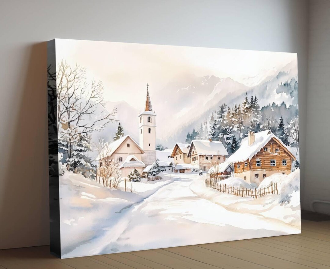 Alpine Winter Village Print | Snowy Mountain Church Wall Art |european ...