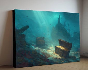 Underwater Shipwreck Treasure Canvas, Sunken Pirate Gold Print, Ocean Floor Discovery Wall Decor, Turquoise Marine Painting