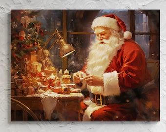Enchantment in the Workshop - Santa Claus at Work, Festive Christmas Oil Painting, Holiday Wall Decor, Vintage Santa Art Canvas or Print