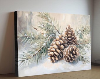 Winter Pine Cones Art Canvas or Print | Snowy Evergreen Branch | Christmas Nature Painting | Rustic Botanical Art | Holiday Forest Scene