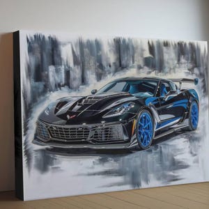 2025 Chevrolet Corvette ZR1 Canvas Print | Black Blue Sports Car Auto Wall Art | New Sports Car | Car Lovers Poster Gift | C8 Vette Chevy