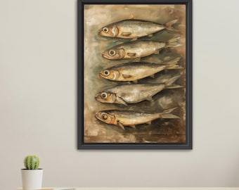 SARDINES Canvas Art Print, Oil Painting Still Life - Sardine Oil Painting - French Kitchen Art - Restaurant Fish Art | Unframed Oil Painting