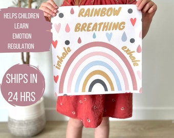 May include: A colorful rainbow poster with the words "Rainbow Breathing" and "inhale" and "exhale" printed on it. The poster is decorated with hearts and raindrops. The poster is designed to help children learn emotion regulation.