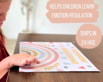 May include: A rainbow-colored breathing chart with the words "inhale" and "exhale" printed on it. The chart is designed to help children learn emotion regulation.