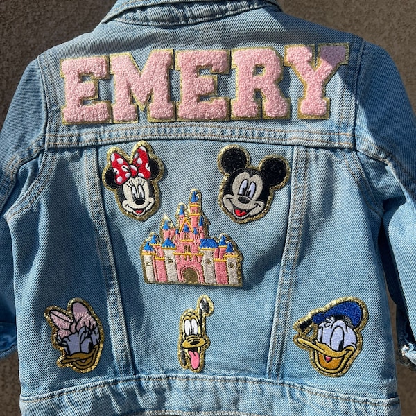 Kids Personalized Disney Inspired Jean jacket with chenille patches SEWN on patches