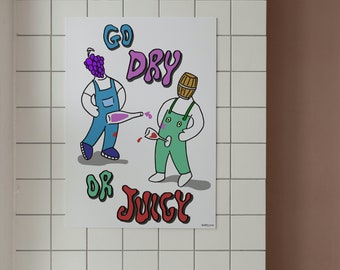 Sec juteux vin bouteille rétro Wall Art typographie impression boire bouteille verre drôle affiche bizarre Simple Illustration téléchargement numérique