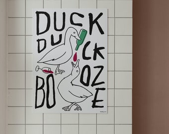 Impression d'art alcool de canard de canard impression d'art mural impression typographie bouteille en verre amusant excentrique Illustration animale simple affiche téléchargement numérique