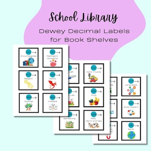 May include: Three white rectangular cards with black borders, featuring Dewey Decimal labels for book shelves. Each card has a grid of illustrated labels, such as "Encyclopedias," "Myths," and "Cars Trucks." The text "School Library" and "Dewey Decimal Labels for Book Shelves" are at the top.