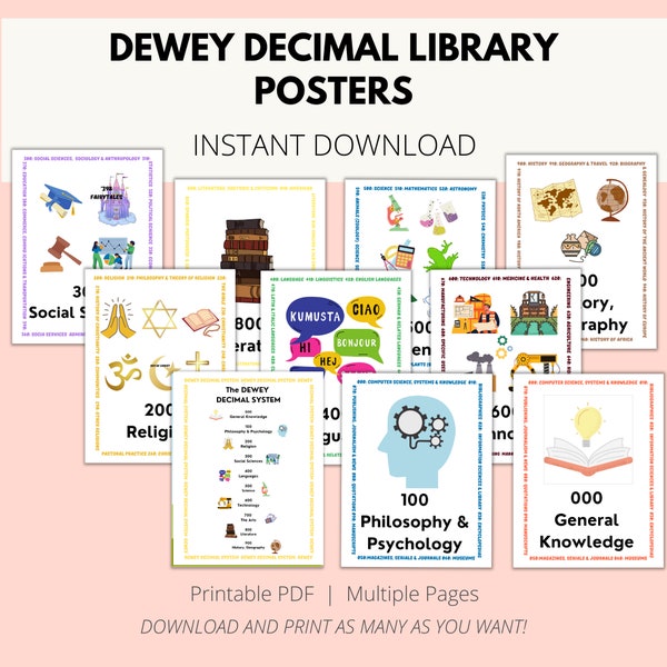 4 x 5 inch Dewey Decimal Library Signs - Digital Printable