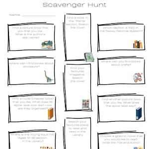 May include: A white library scavenger hunt worksheet with black text and illustrations. The title "Library" is in a handwritten font. The worksheet includes prompts to find books, sketch covers, and identify library sections.