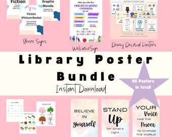 Library Poster BUNDLE - 55 Digital Poster Downloads - School Library Decor - Library Signs