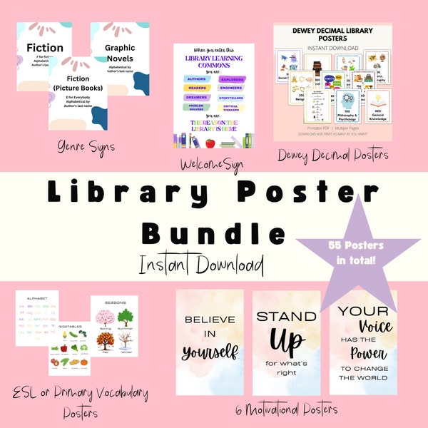 Library Poster BUNDLE - 55 Digital Poster Downloads - School Library Decor - Library Signs