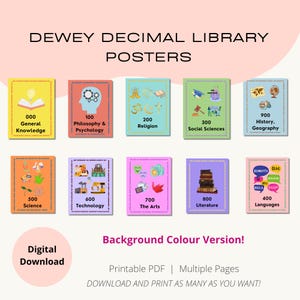 May include: A collection of colorful Dewey Decimal Library Posters, each representing a different subject category. The posters feature illustrations and text, including "General Knowledge," "Religion," and "Languages." The image also includes the text "Digital Download."