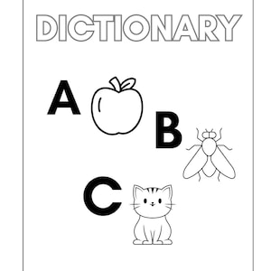 Puede incluir: Ilustración en blanco y negro de un diccionario personal con las letras A, B y C. La letra A está al lado de una manzana, la letra B al lado de una mosca y la letra C al lado de un gato.