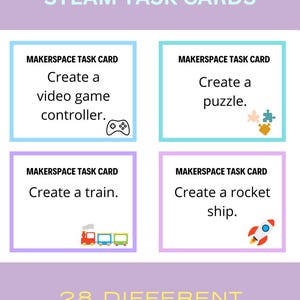May include: Four colorful task cards with instructions for creating a video game controller, a puzzle, a train, and a rocket ship. The cards are labeled "Makerspace Task Card" and feature illustrations of each item. The text at the bottom reads "28 Different Tasks!"