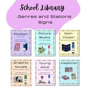 Set di poster per biblioteca / 6 cartelli stampabili per biblioteca scolastica / Narrativa, saggistica, graphic novel e altro / Download digitale immediato