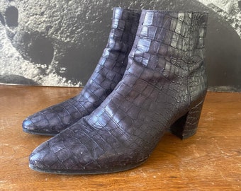 Stuart Weitzman Croc Embossed Ankle Boots Low Heel 7.5