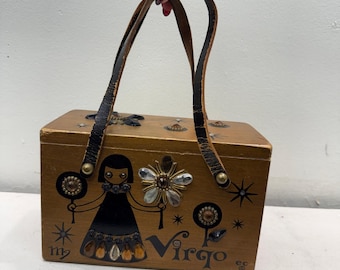 vintage des années 1960 Virgo Enid Collins boîte en bois sac à main miroir astrologie rétro
