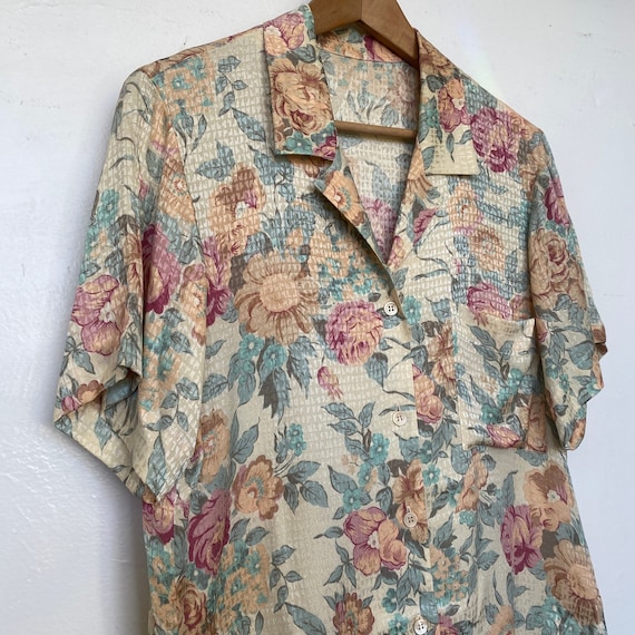 Vintage Floral Silky Patterned Blouse Shirt