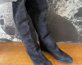 Vintage Black Suede Leather Calf Height Boots Size 5 Pinecones Maine