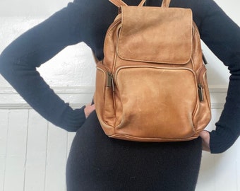 Vintage 1990s Style Tan Leather Backpack 5 Pockets Classic Style Patina