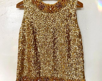 Chemise chemisier à sequins en or décorée à la main vintage des années 1960